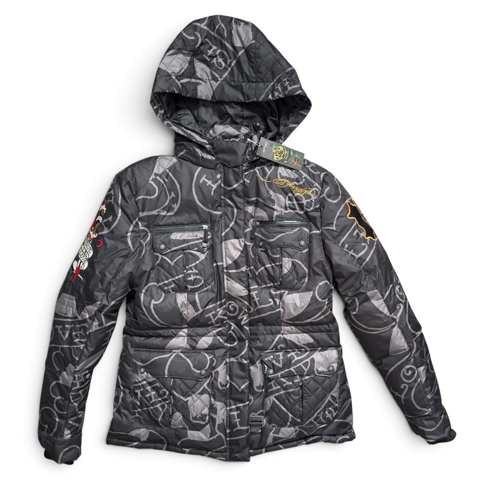 Htf New Ed Hardy Love Kills Black Gray Women's Puffer Jacket Size M